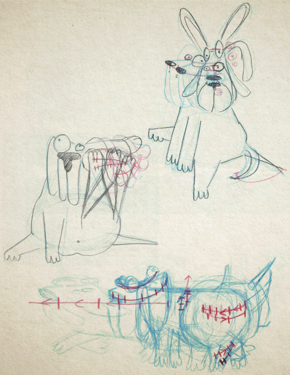 sketches of a cartoon dog and timing notes for animating